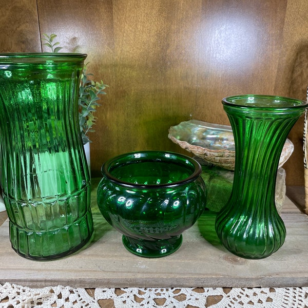 Vintage green glass vase planter, three to choose from tall vase, short vase or skinny vase