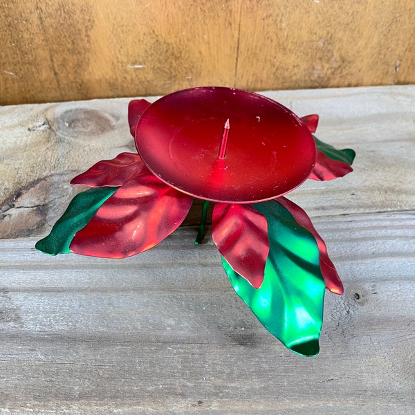 Vintage poinsettia candle holder Department 56 red and green metal in original box Christmas candleholder