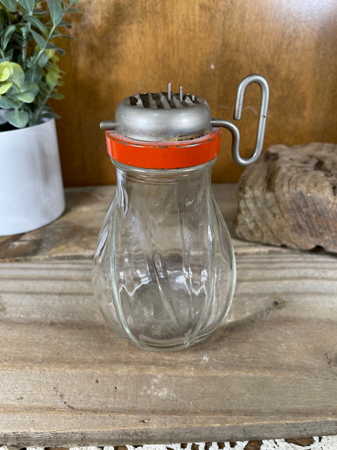 Vintage Nut Grinder, Glass and Metal With Orange Band Retro Kitchen