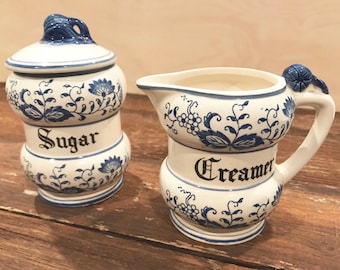 Vintage blue onion creamer and lidded sugar set