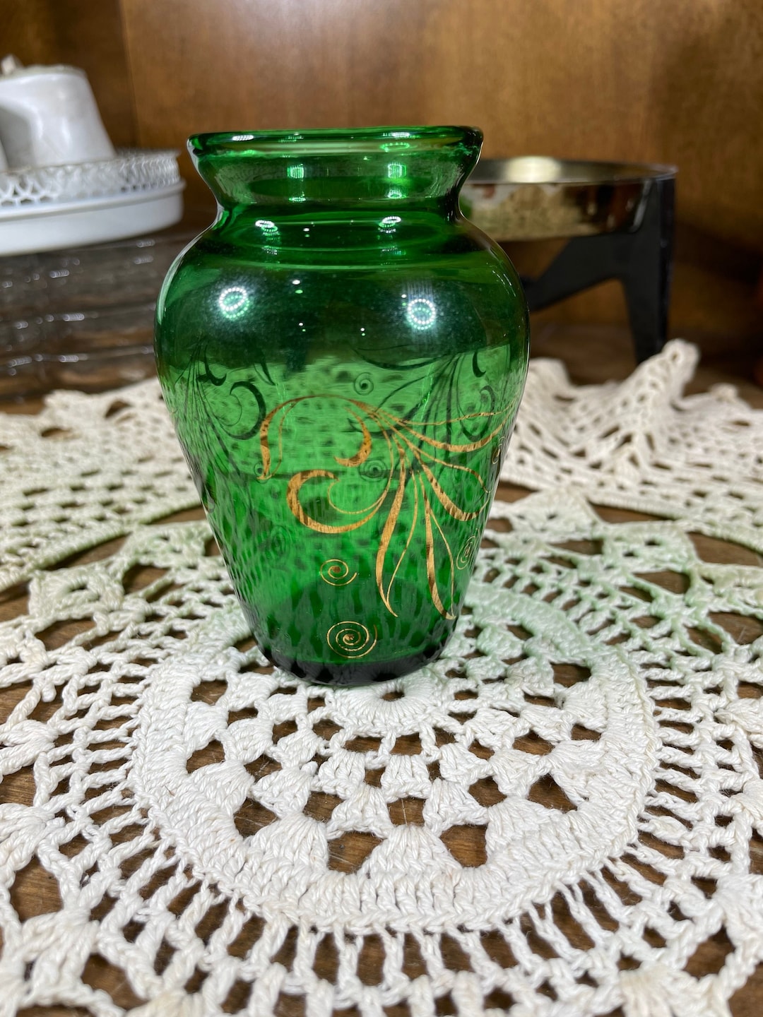 Vintage 1940s Green and Gold Vase, Small Emerald Green Vase With Gold