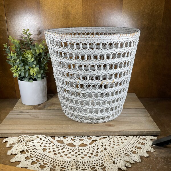 Vintage white wicker trash can waste paper basket pretty boho eclectic decor