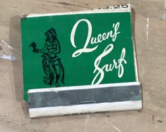 Vintage Queen’s Surf Waikiki Hawaii luau restaurant bar matchbook, tiki memorabilia matches
