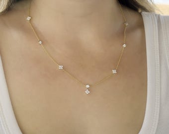 Gold Station Necklace with Diamond-Set Flower Charms