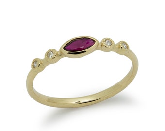 Dainty Gold Ring with Oval Ruby and Diamonds
