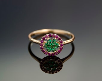 Gold Rubin & Smaragd Blumen Ring