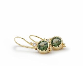 Round Gold Drop Earrings with Green Spinel and Zircons