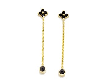 Gold Tassel Earrings with Flower-Shaped Onyx Stones