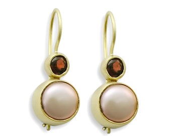 Gold Drop Earrings with Peach Pearl