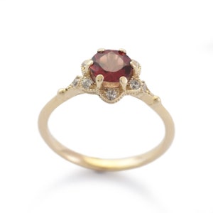 Red Garnet flower ring with Clear Zircons