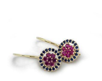 Gold drop earrings with Ruby Flowers surrounded by Sapphire