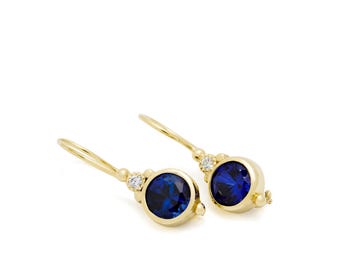 Classic Round Gold Drop Earrings with Sapphire and Zircon