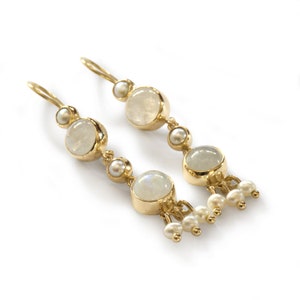 Gold Chandelier Earrings with Moonstone and Pearls