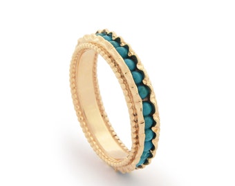 Gold band ring with Dotted Edges and Turquoise stones
