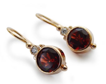 Round Gold Drop Earrings with Garnet and Zircon