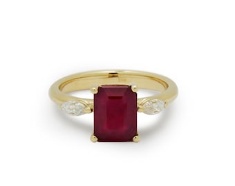 Gold Ring with Square Ruby and Marquise Moissanite