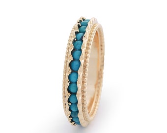 Gold Eternity Ring with Dotted Edge and Turquoise stones