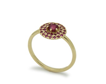 Round Top Gold Ring set with Ruby Stones