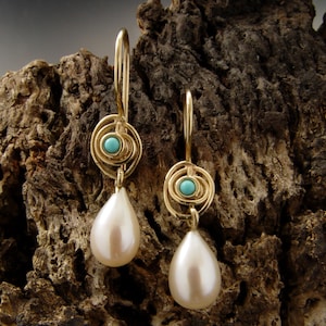 Gold dangle earrings with Teardrop Pearl and Turquoise