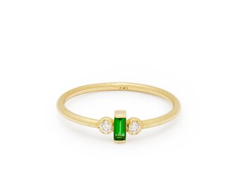 Dainty Gold Ring with Square Emerald and Diamond Accents