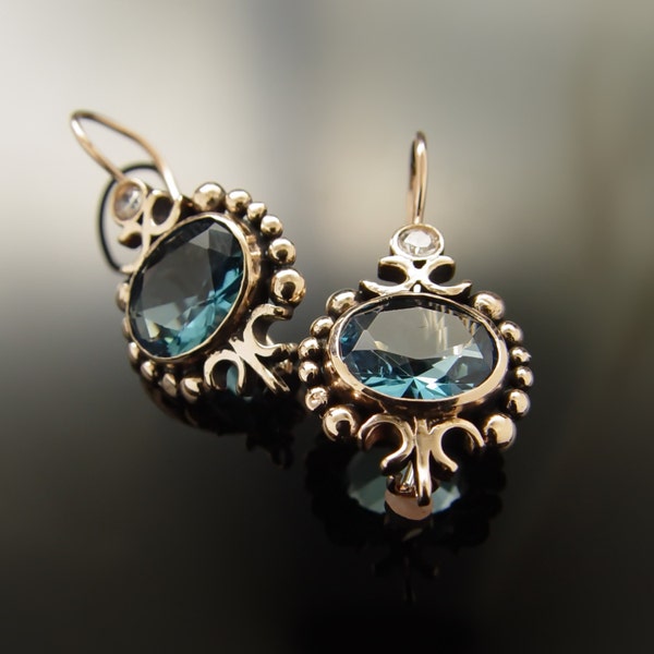 Blue Topaz and Rose Gold Celtic Earrings