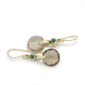 Gold and Smoky Quartz Earrings with Tiny Turquoise