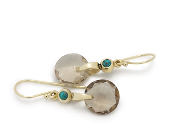 Gold and Smoky Quartz Earrings with Tiny Turquoise