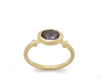 Modern Oval Iolite Bezel Ring in 14k Matte Gold