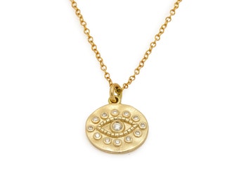 Gold Evil Eye Charm Necklace with Diamonds