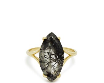 Statement Gold Ring with Marquise Black Rutilated Quartz