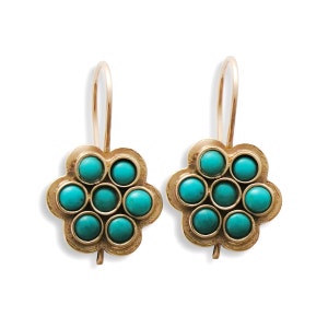 Turquoise flower earrings, 14K rose gold, turquoise drop earrings, flower earrings, Bridal jewelry, wedding earrings, Vintage style, Sale