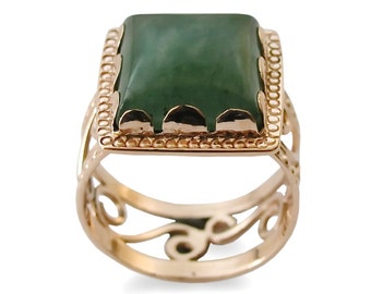 Anillo de aventurina: piedra verde cuadrada, oro rosa de 14 k, estilo victoriano