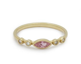 Dainty Gold Ring with Oval Morganite and Diamonds