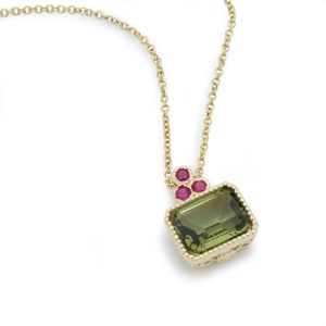 Gold Necklace with Square Green Spinel Pendant and Ruby