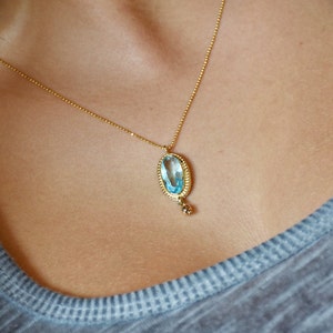 Handmade 14K Yellow Gold Blue Quartz Necklace: Vintage Bridal Pendant