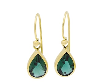 Gold Dangle Earrings with Teardrop Green Spinel