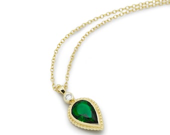 Gold Necklace with Teardrop Emerald and Zircon