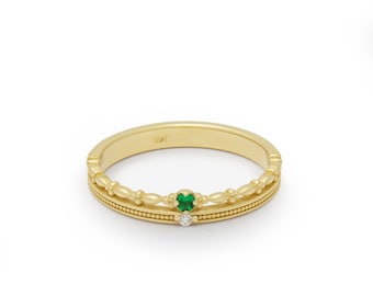 Vintage-Inspired 14K Yellow Gold Emerald and Diamond Accent Ring