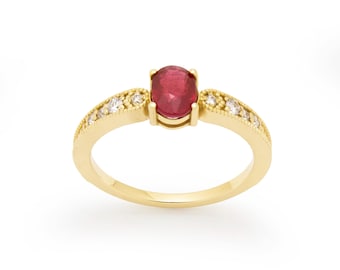 Gold Ring with Center Ruby and Diamond Accents