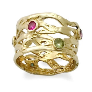 Wide Gold Ring with Colorful Gemstones