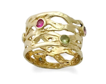 Wide Gold Ring with Colorful Gemstones