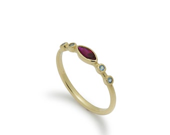 Dainty Gold Ring with Oval Ruby and Blue Topaz