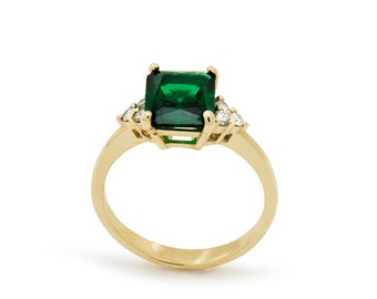 Gold Engagement Ring with Square Green Emerald and Diamonds