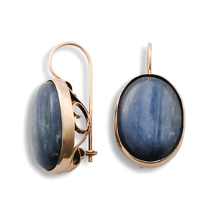 Blauwe steen ovale oorbellen, 14K Rose gouden oorbellen, blauwe kyaniet bungelen oorbellen, ovale drop oorbellen, Navy Gem gouden oorbellen alledaagse oorbellen