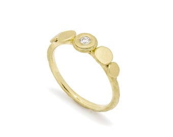 Matte Gold Ring with Dotted Top Pattern, Scratch Texture, and Diamond Accent