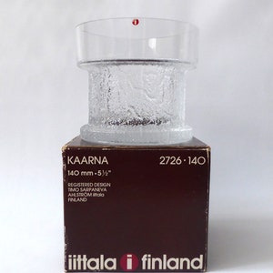 Iittala Kaarna by Timo Sarpaneva, 140mm art glass vase bowl. Mid century box & label. Bark textured 1970s. Ice clear Finnish Scandinavian image 1