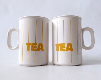 Vintage Hornsea Stripes tea mugs. Yellow and white striped, John Clappison. 1980s retro tall hot drinks cups. 80s kitchen, dining, breakfast