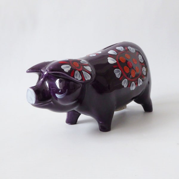 Vintage Arthur Wood piggy bank, purple orange pig ceramic/pottery. Retro painted flowers, kids money box. 1970s Floral savings figurine 5272