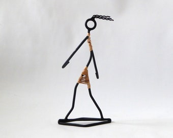 Laurids Lønborg black metal Mid Century figurine. Bror Bonfils wire figure + raffia/wicker. Danish vintage 1960s walking woman. Denmark hook