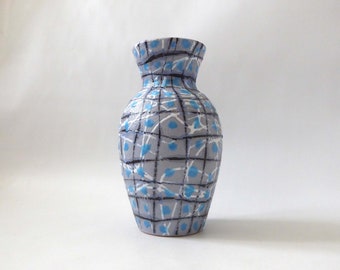 Vintage Italian Fratelli Fanciullacci pottery/ceramic vase. 1950s signed '211 Italy'. Blue, grey, black & white square grid pattern textured